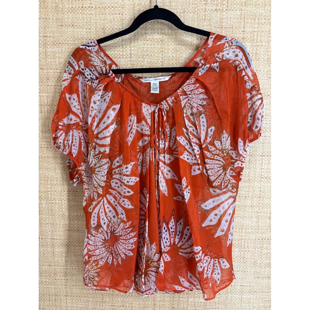Diane von Furstenberg Silk Floral Blouse Womens Size P Orange Short Sleeve Top